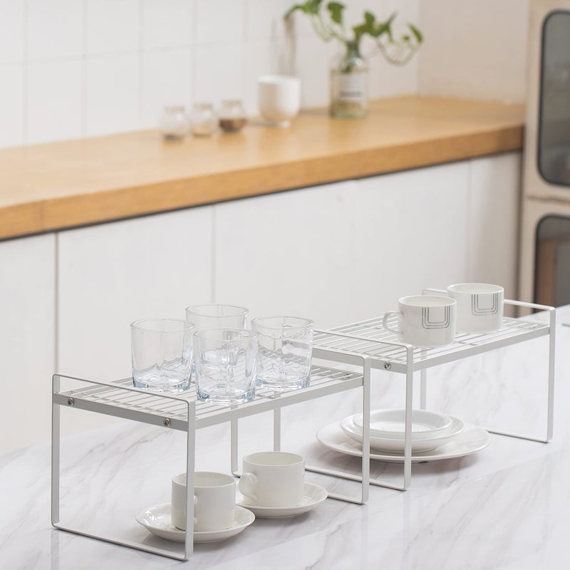Shantton 2 Pack Kitchen Cabinet Shelf Counter Organizer Rack Pantry Storage Bathroom Bedroom Office Table Desk Space Saving Steel Frame Stackable Rust Resistant Non Slip White - Image 5